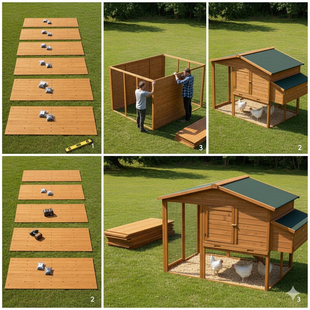 Three-stage assembly sequence showing flat-pack wooden panels on ground, partially assembled frame with two people working, and completed walk-in chicken coop.