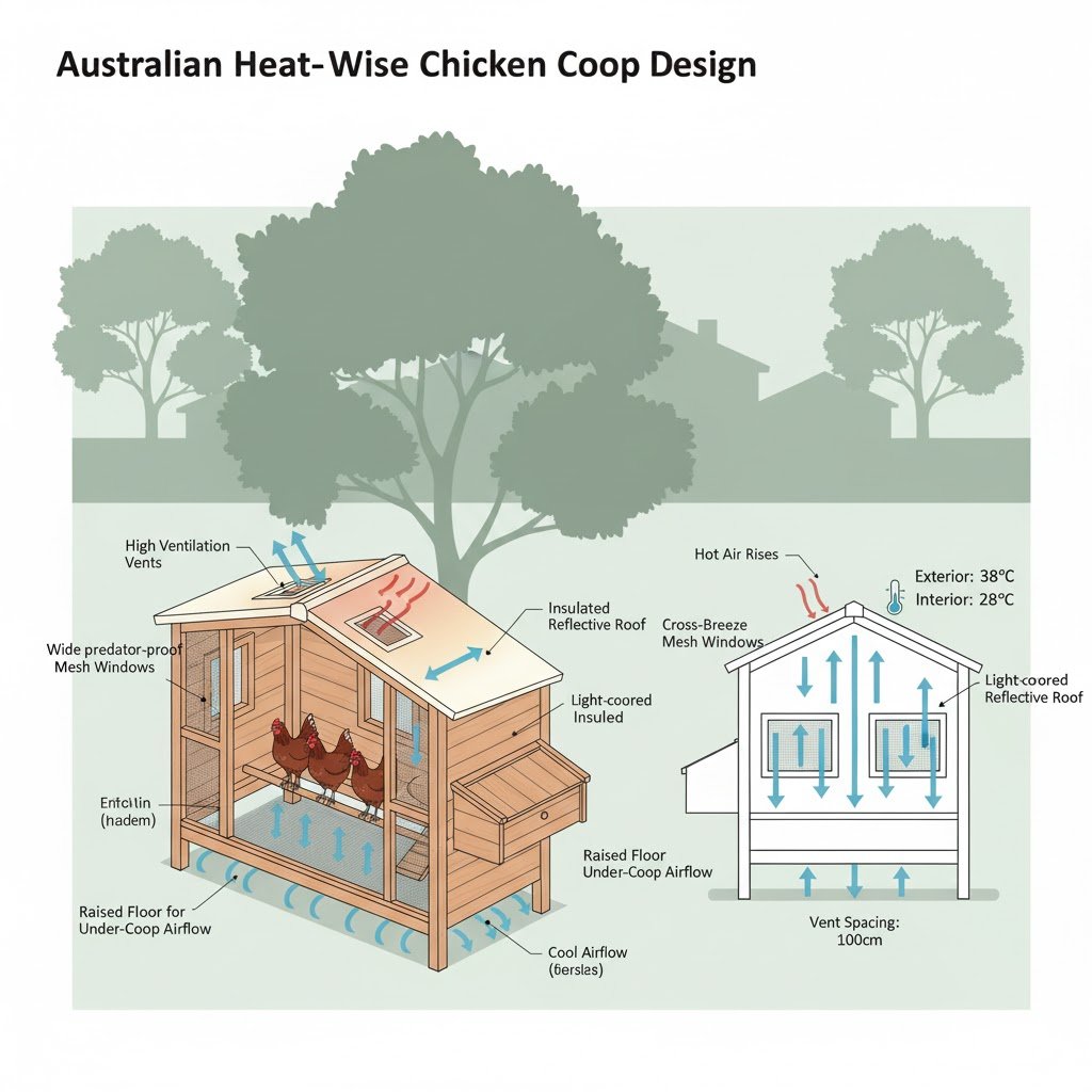 Detailed view of Australian chicken coop with high ventilation vents, mesh windows, and light-colored roof designed for optimal airflow in summer heat
