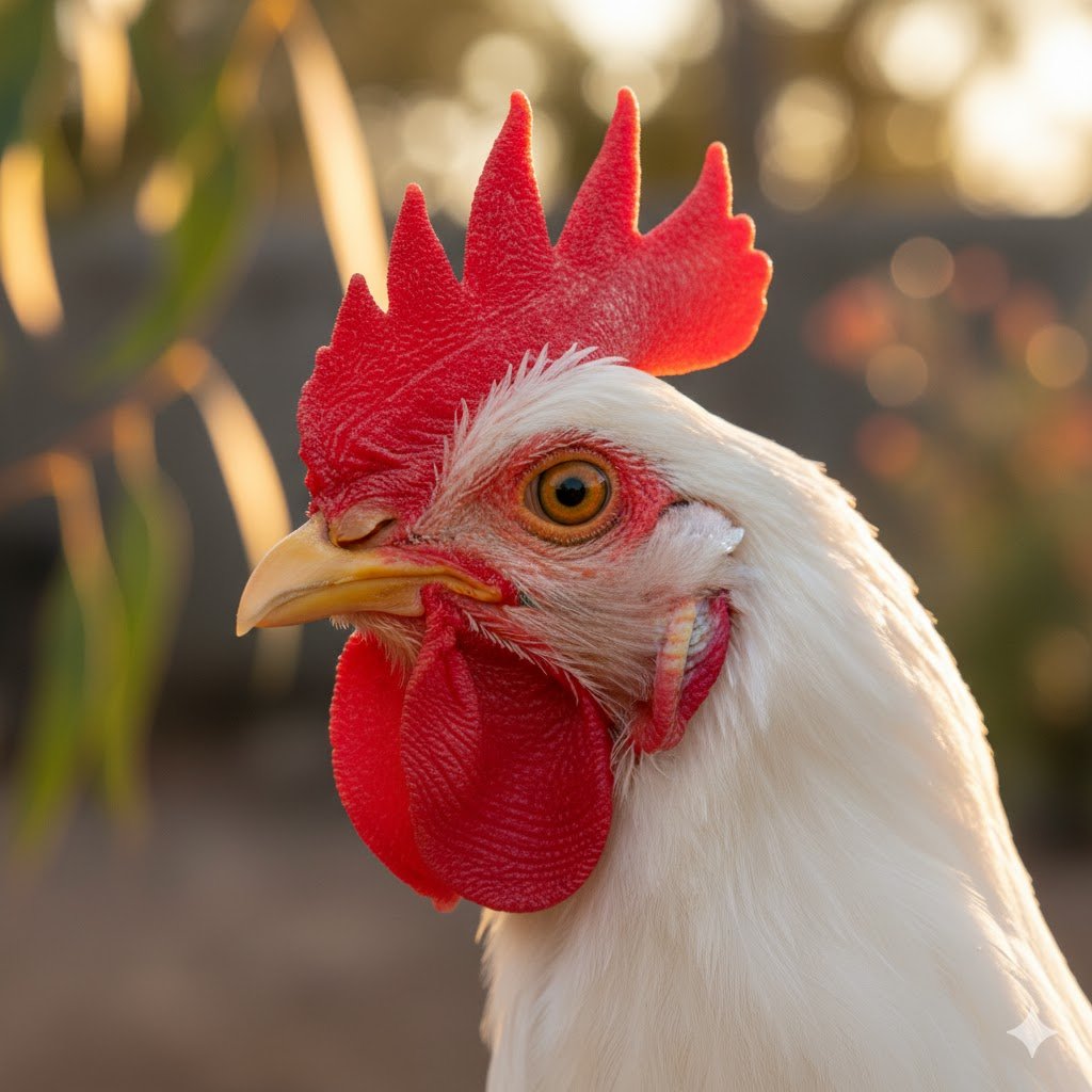 Close-up of white Leghorn chicken with prominent red single comb and wattles used for cooling in hot Australian weather