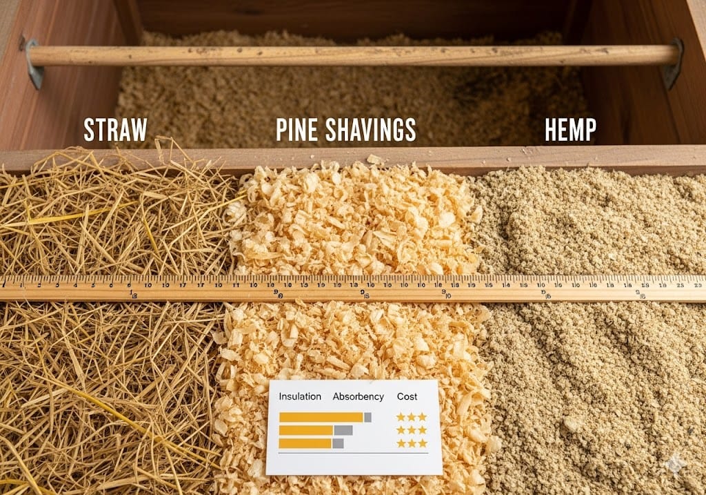 Side-by-side comparison of straw, pine shavings, and hemp bedding materials for winter chicken coops with thickness measurement