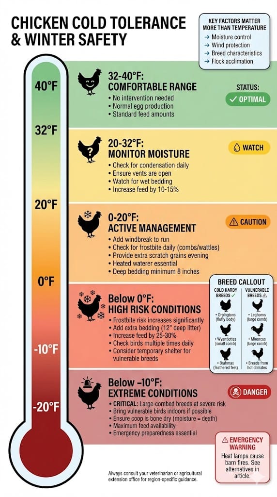 Infographic chart showing chicken cold tolerance temperature ranges from 40°F comfortable zone down to below -10°F danger zone with specific care recommendations for each temperature range