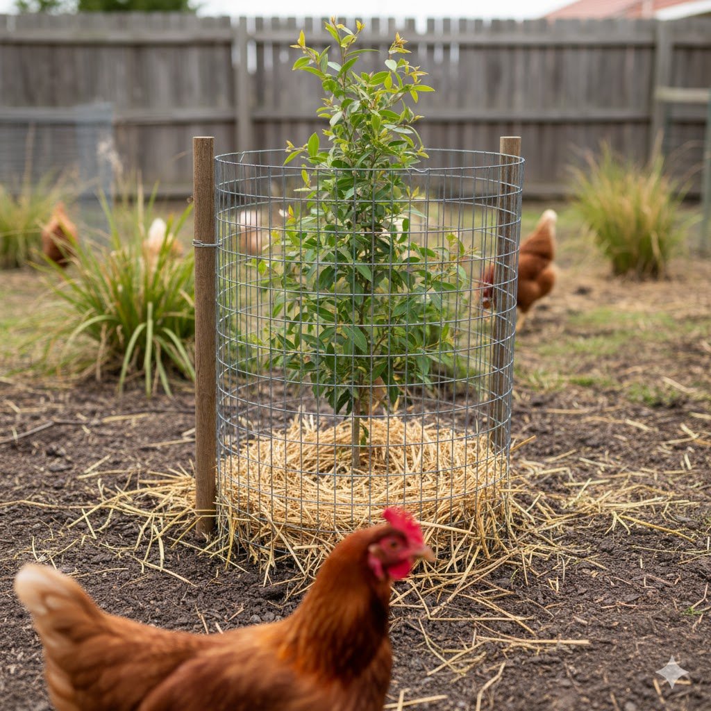 Young tree seedling protected from chickens with wire mesh guard and mulch in Australian chicken run