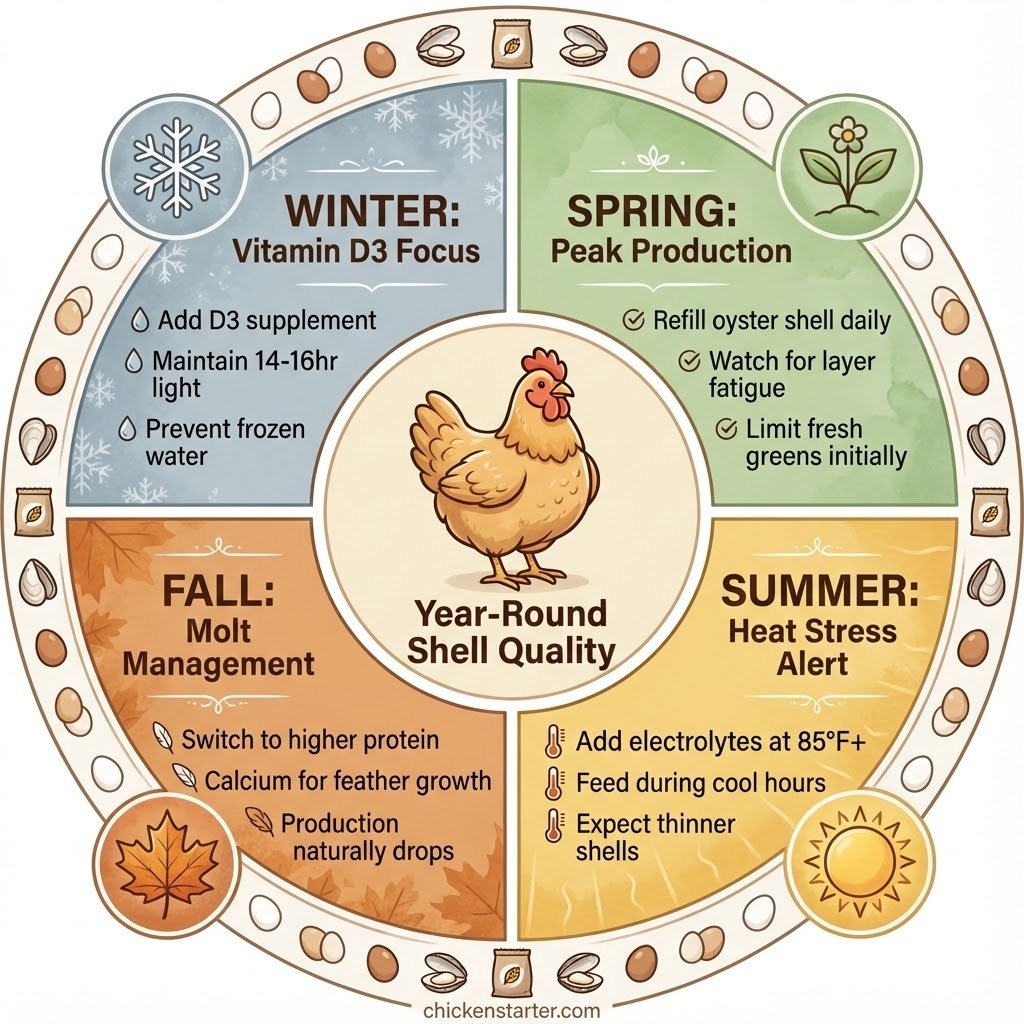 Circular seasonal calendar diagram showing spring summer fall winter chicken egg quality management tasks including calcium supplementation heat stress prevention molt management and winter lighting requirements