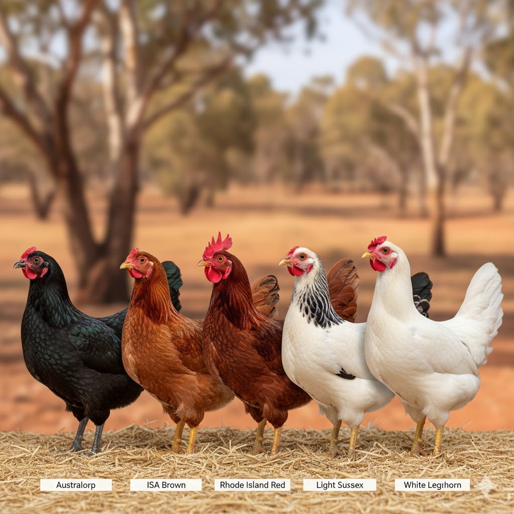 Side-by-side comparison of five popular Australian backyard chicken breeds including Australorp, ISA Brown, Rhode Island Red, Light Sussex, and Leghorn against Australian landscape.