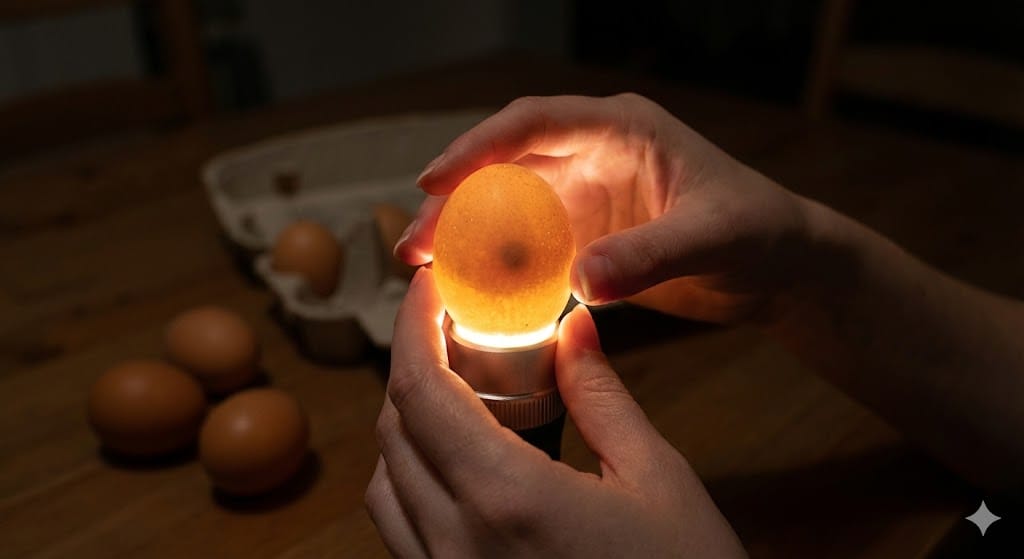 Backyard chicken keeper using LED egg candler to detect blood spots in fresh eggs before cracking in dark room