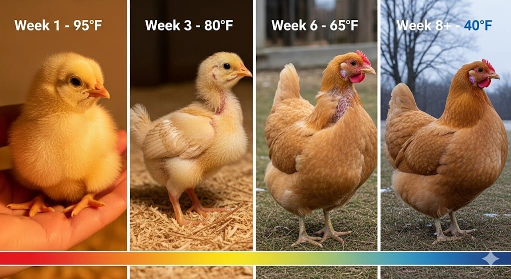 Four stage progression showing baby chick growth from fluffy yellow day-old chick to fully feathered 8-week pullet ready for winter outdoor coop