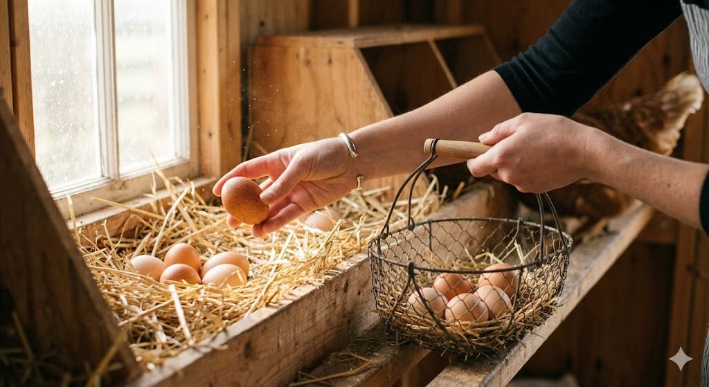Chicken keeper collecting fresh eggs daily from clean nesting boxes using wire basket to maintain egg quality and prevent contamination