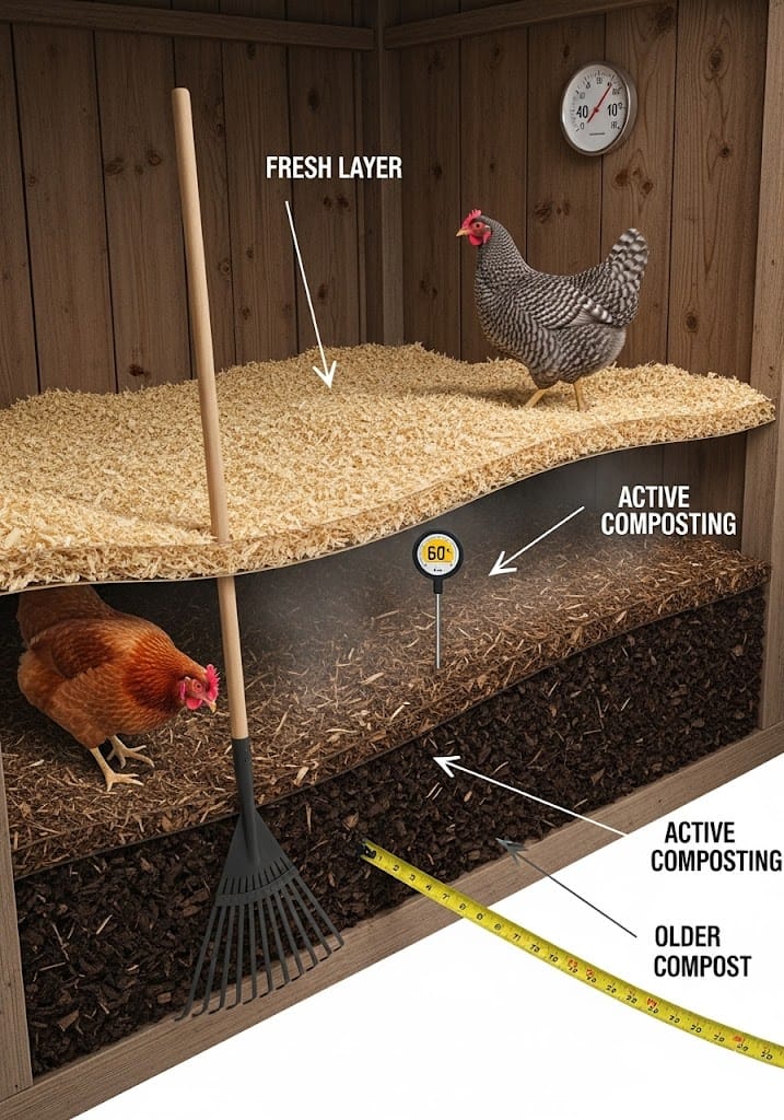 Cross-section view of deep litter bedding method in winter chicken coop showing 8-inch thick composting pine shavings layer