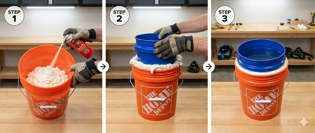 Three-panel step-by-step showing construction of insulated double bucket waterer with expanding foam