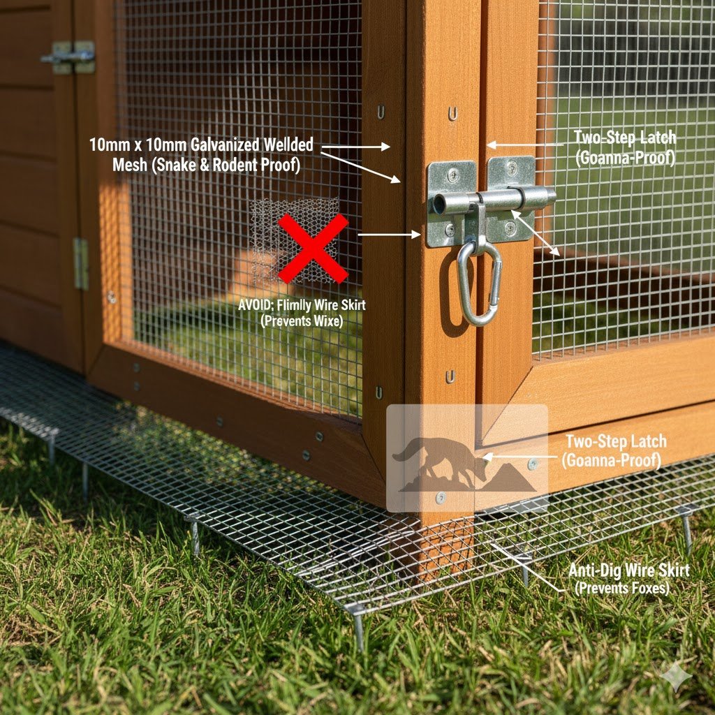 fox-proof chicken coop australia showing 10mm welded mesh snake-proof wire and secure two-step locks