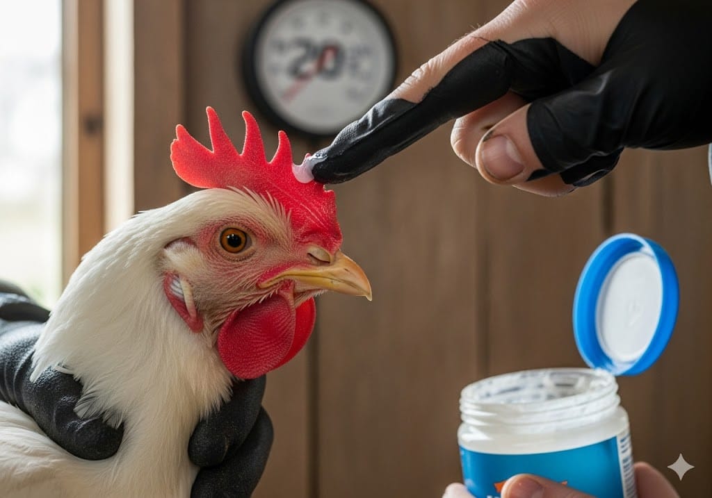 Close-up of healthy red chicken comb being protected with petroleum jelly application, demonstrating frostbite prevention for backyard chickens in winter