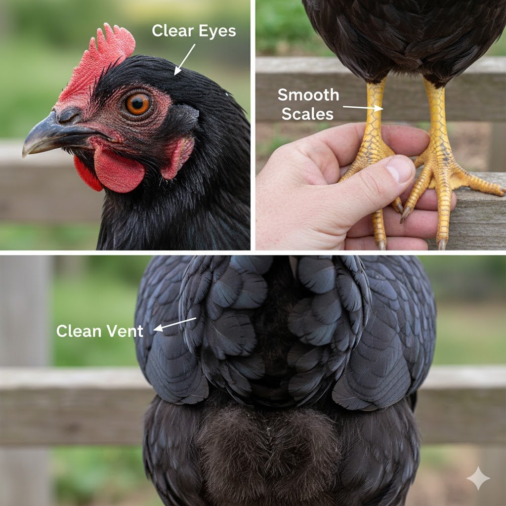 Close-up inspection of a healthy Australorp hen showing clear bright eyes, clean vent, and smooth leg scales being examined by experienced hands.