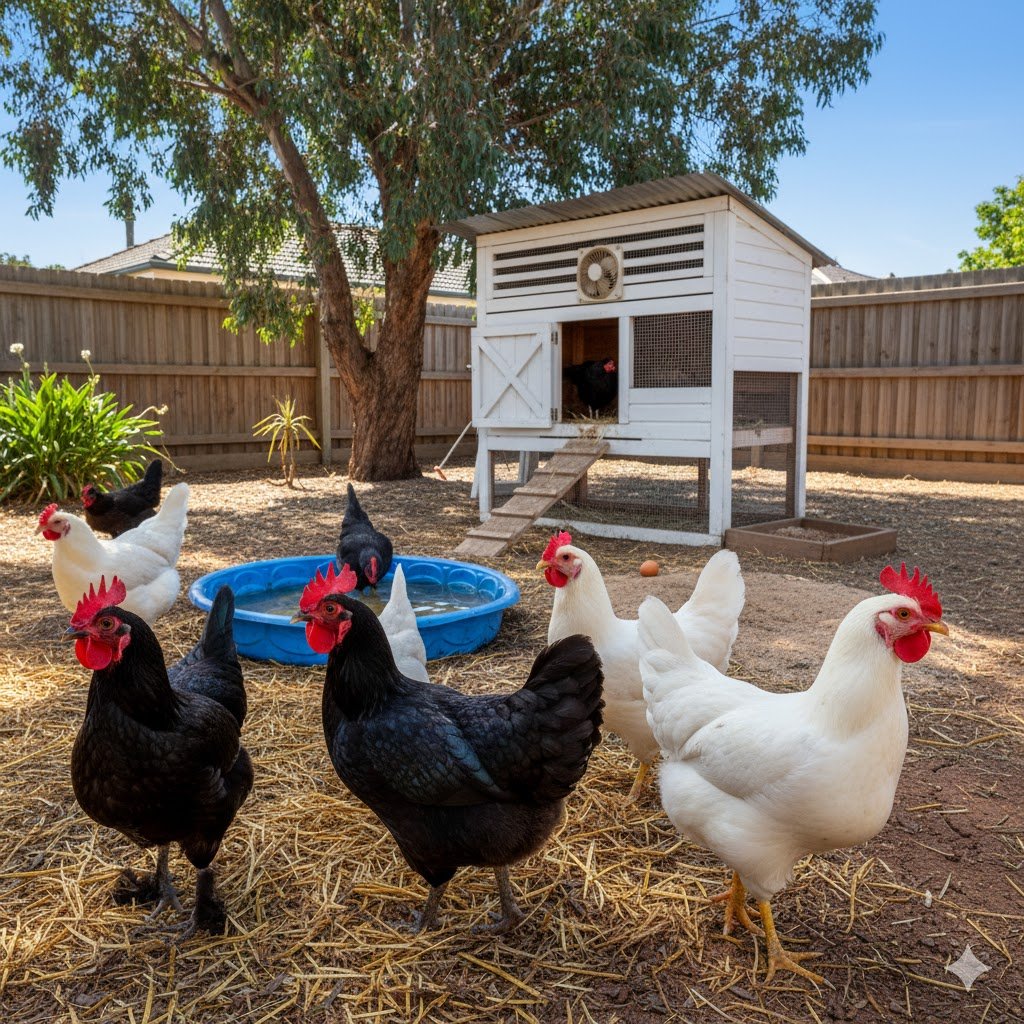 Best heat-hardy chicken breeds for Australian summer: Australorps and Leghorns keeping cool