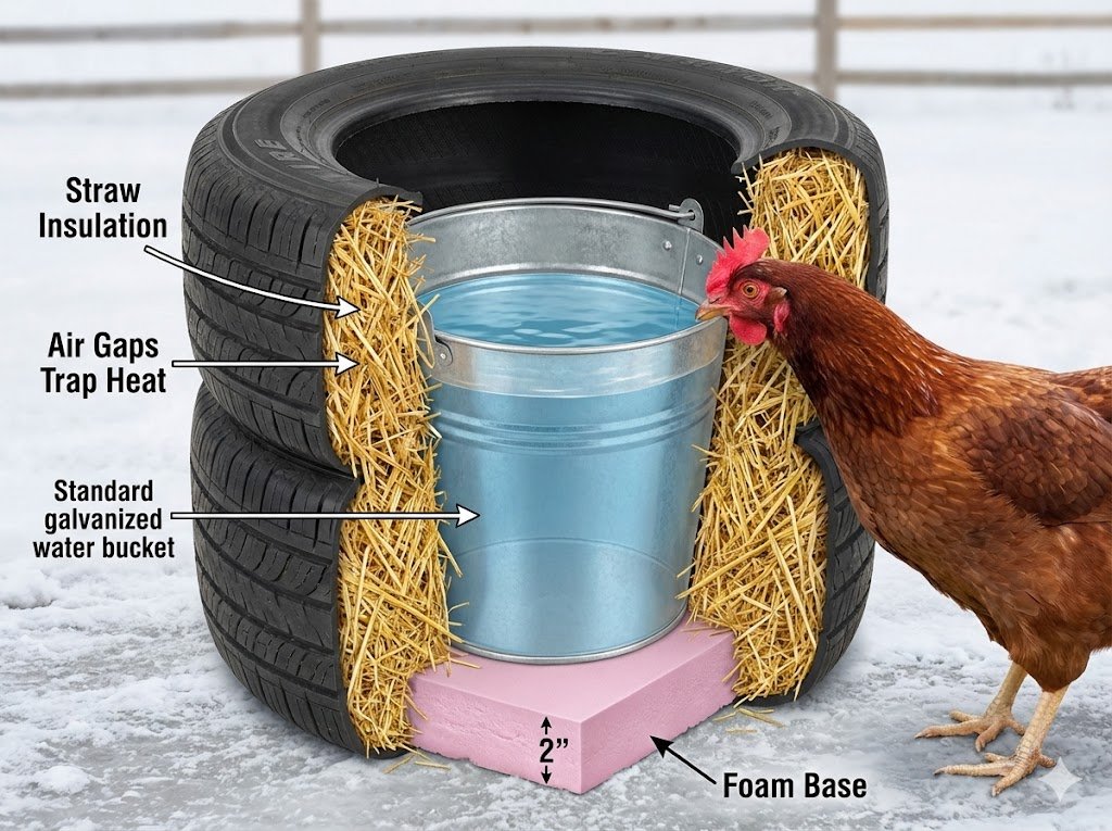 Cutaway diagram showing water bucket inside old tire with straw insulation packed between layers