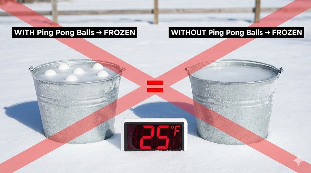 Two identical buckets both frozen at 25°F one with ping pong balls one without showing no difference