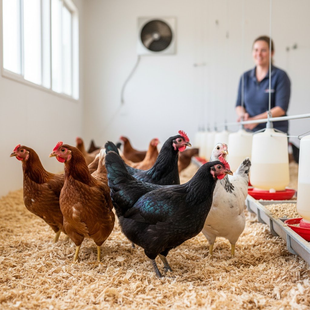  Group of healthy 18-week-old point-of-lay pullets in a clean Australian hatchery facility, showing alert behavior and full feathering ready to start laying eggs.