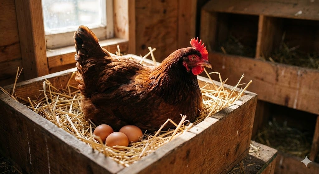 Rhode Island Red heritage breed hen in wooden nesting box known for higher blood spot occurrence in eggs compared to other breeds