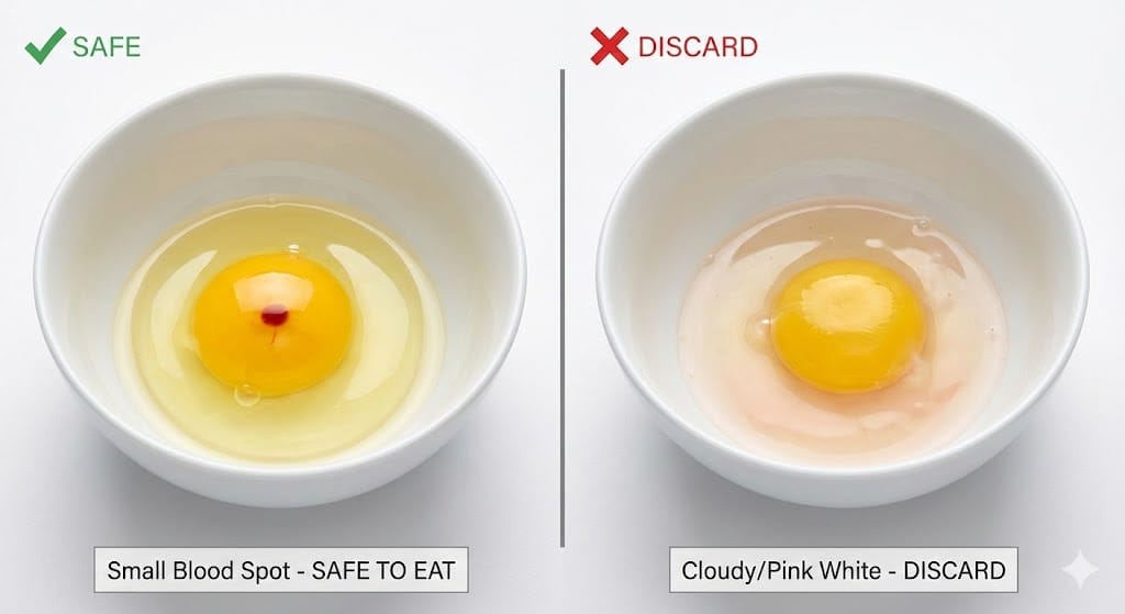 Comparison showing safe farm fresh egg with small blood spot next to spoiled egg with pink cloudy white to help identify when to discard eggs