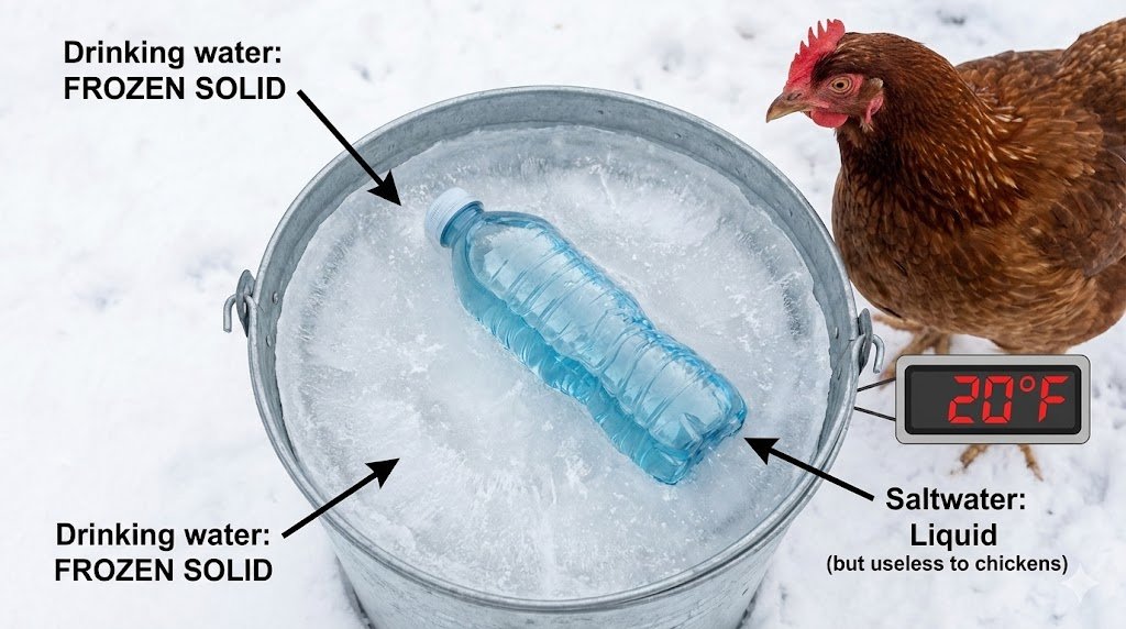 Water bucket frozen solid with sealed saltwater bottle inside still liquid showing method failure