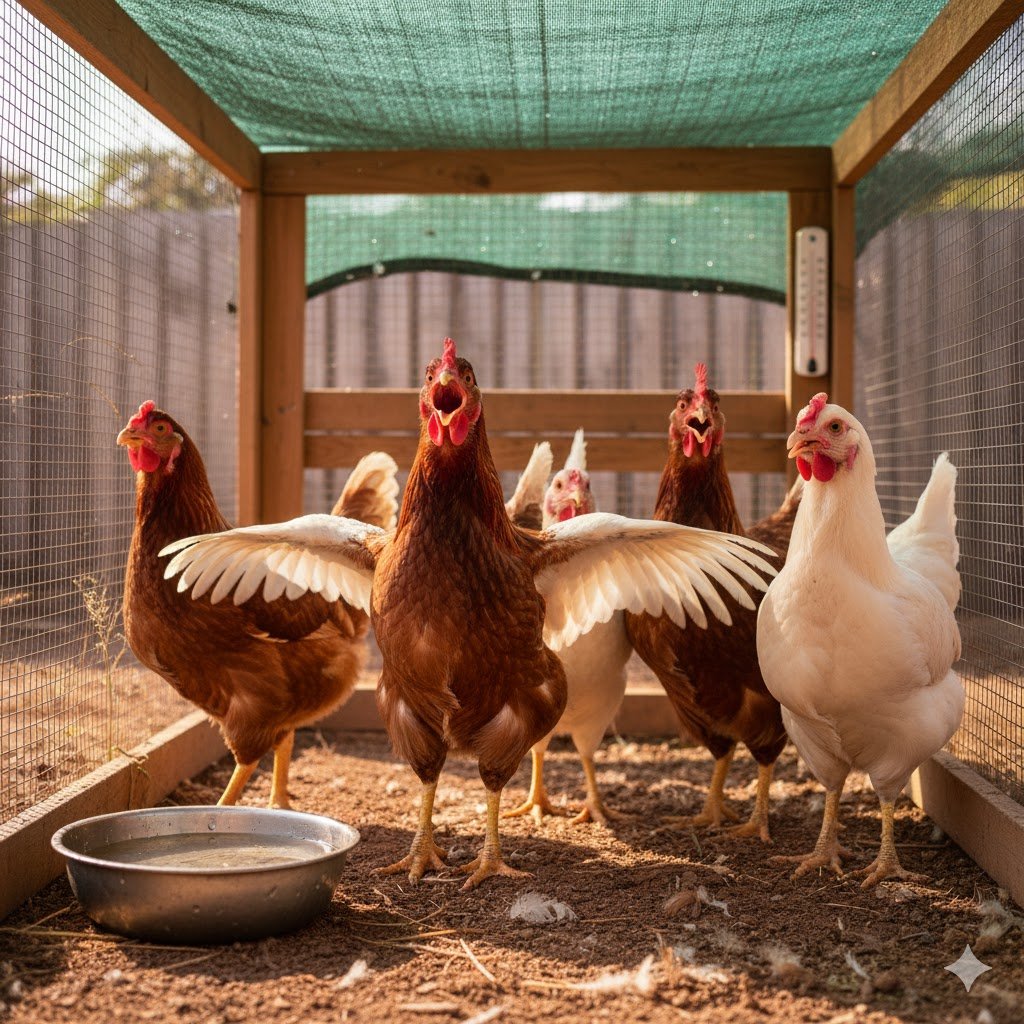 Signs of heat stress in chickens: panting and wings out in Australian summer, what do chickens do if they're too hot