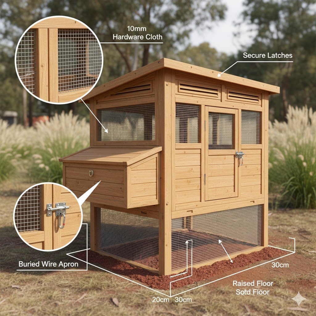 Detailed view of Australian predator-proof chicken coop showing 10mm hardware cloth mesh, buried wire apron, and secure latches designed to keep out foxes, snakes, and goannas.