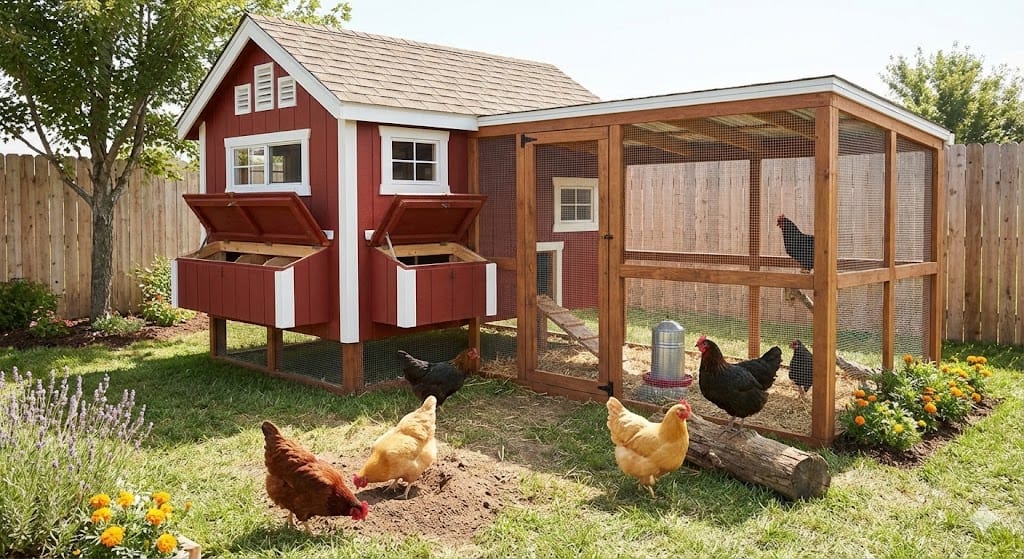 Well-designed chicken coop with proper spacing and security features to reduce flock stress and minimize blood spots in eggs