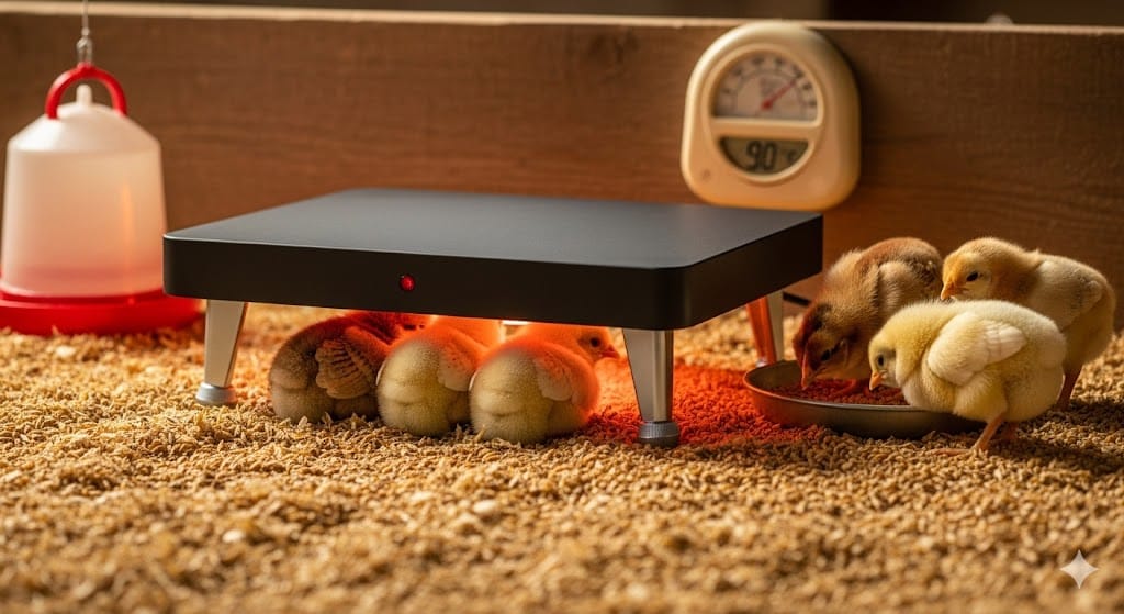 Baby chicks safely warming under black radiant heat plate brooder in wooden box with pine shavings, showing fire-safe winter chick heating method