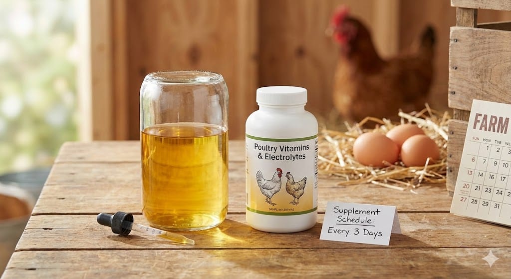 Poultry vitamin and electrolyte supplements added to water to support blood vessel health and reduce egg blood spots in backyard chickens