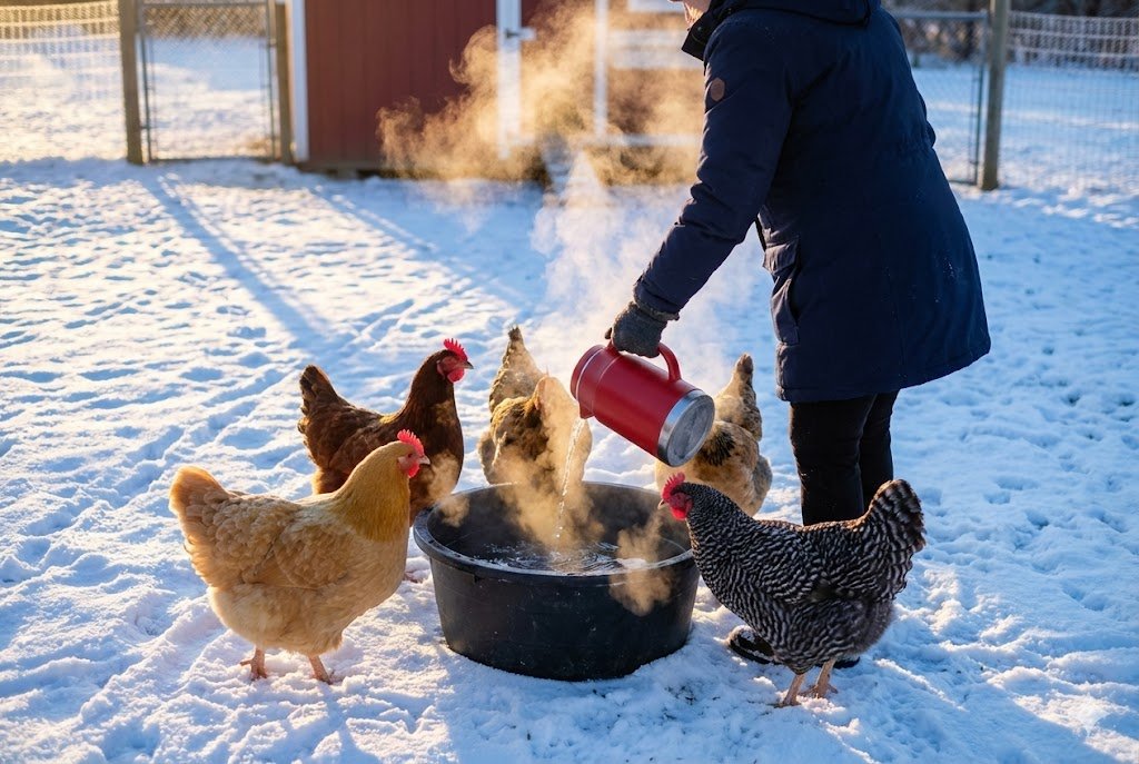 Chicken keeper pouring warm water from pitcher into rubber tub while chickens gather eagerly in snow
