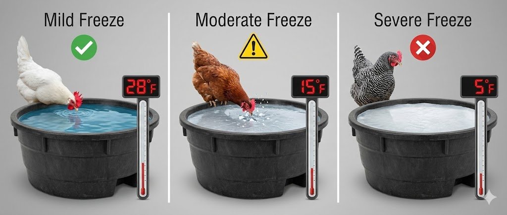 Three waterers at different temperatures showing liquid water at 28°F, partial ice at 15°F, and frozen solid at 5°F
