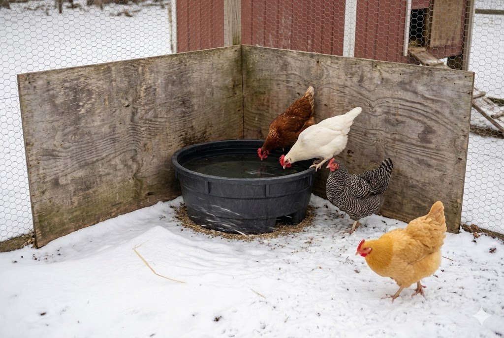 Black rubber tub positioned in corner protected by plywood windbreak with chickens drinking