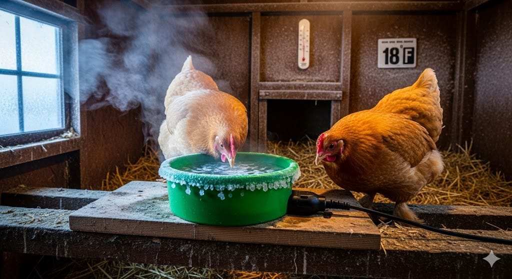 Heated dog bowl waterer with steam rising in snowy chicken coop showing effective winter water solution for backyard chickens