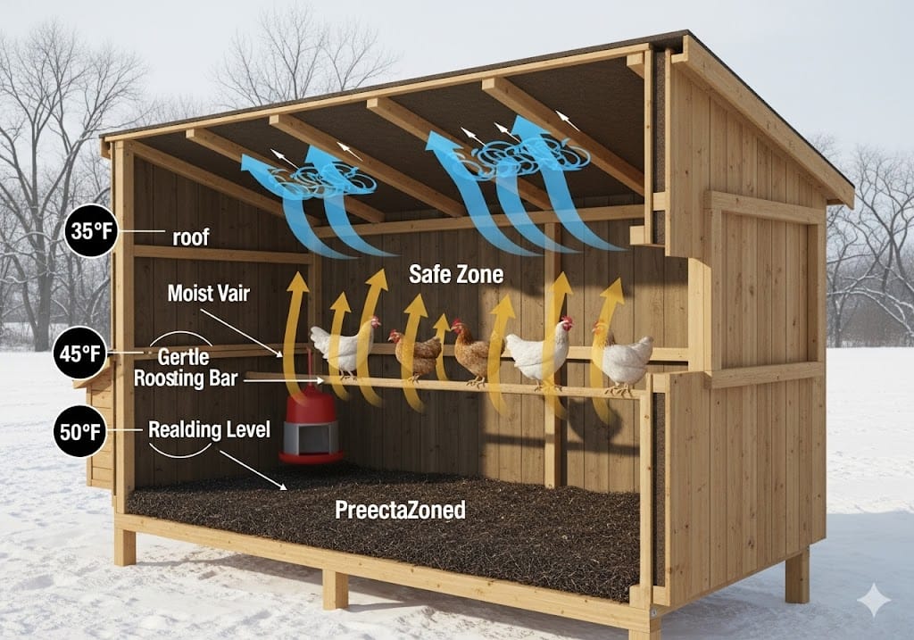 Diagram showing proper winter chicken coop ventilation with upper vents open for moisture escape and lower walls sealed to prevent drafts on roosting chickens