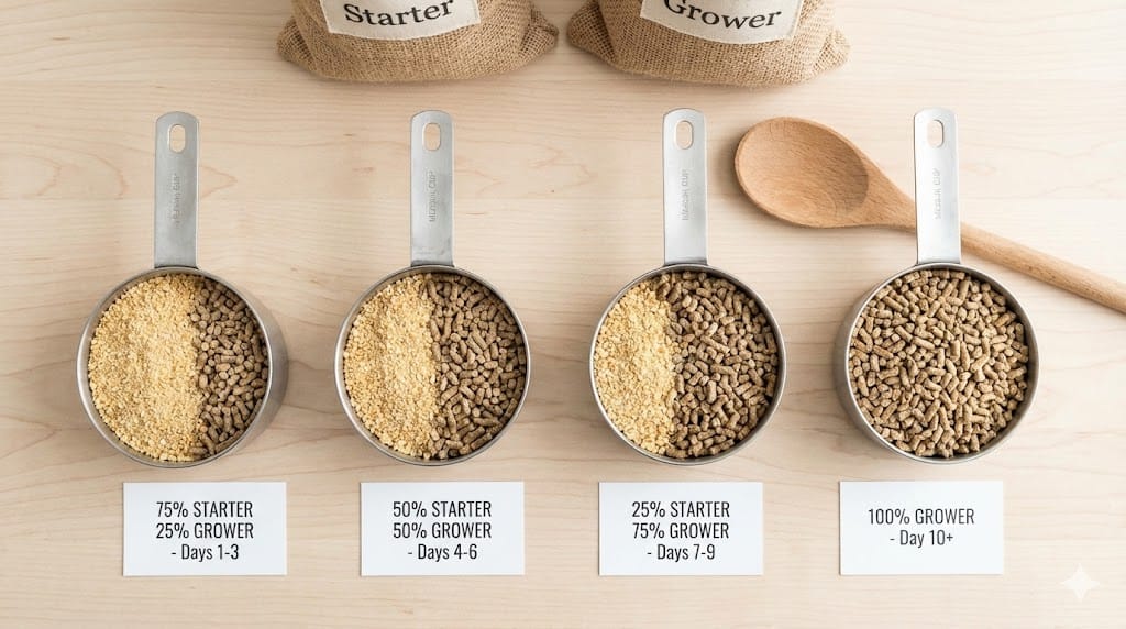 Four measuring cups showing progressive mixing ratios of starter and grower feed from 75-25 to 100 percent transition