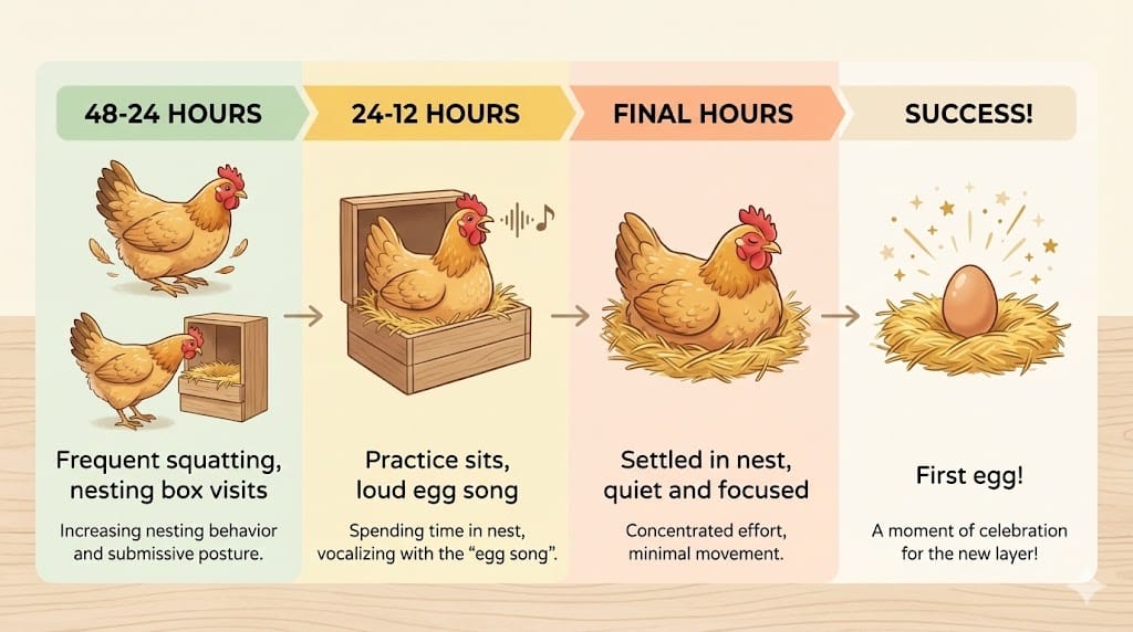 Visual timeline infographic showing chicken behavior changes from 48 hours to egg laying including squatting, nesting, and vocalization