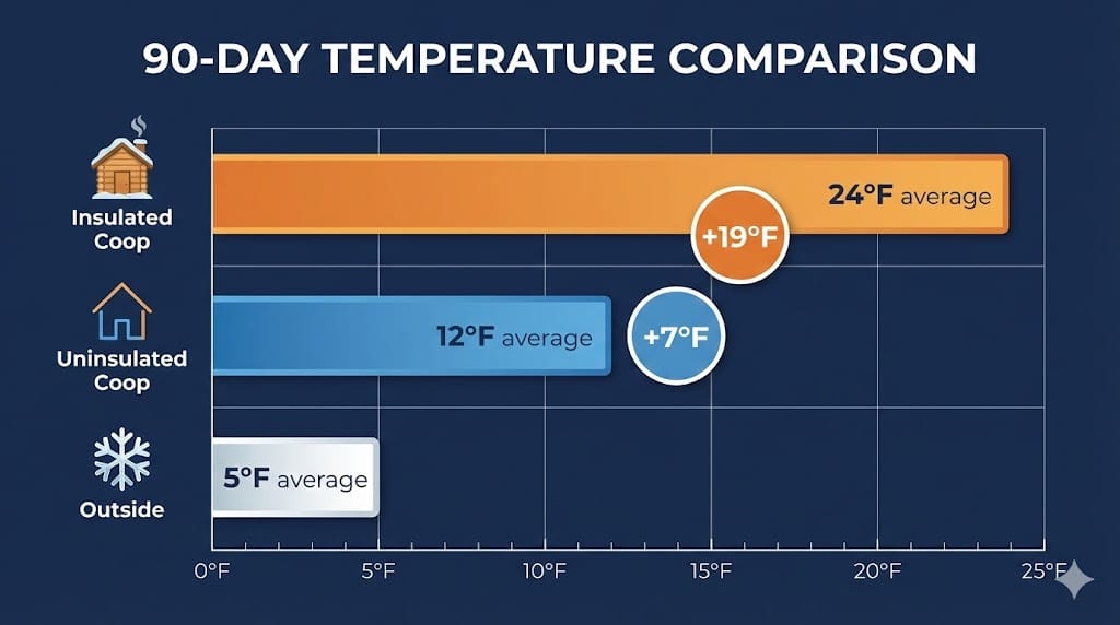 Infographic comparing insulated coop at 24°F average versus uninsulated coop at 12°F average with outside temperature at 5°F