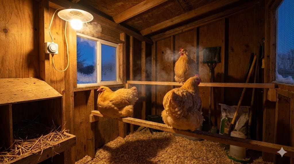 Interior of chicken coop at dawn with warm LED light on timer illuminating roosting hens in winter
