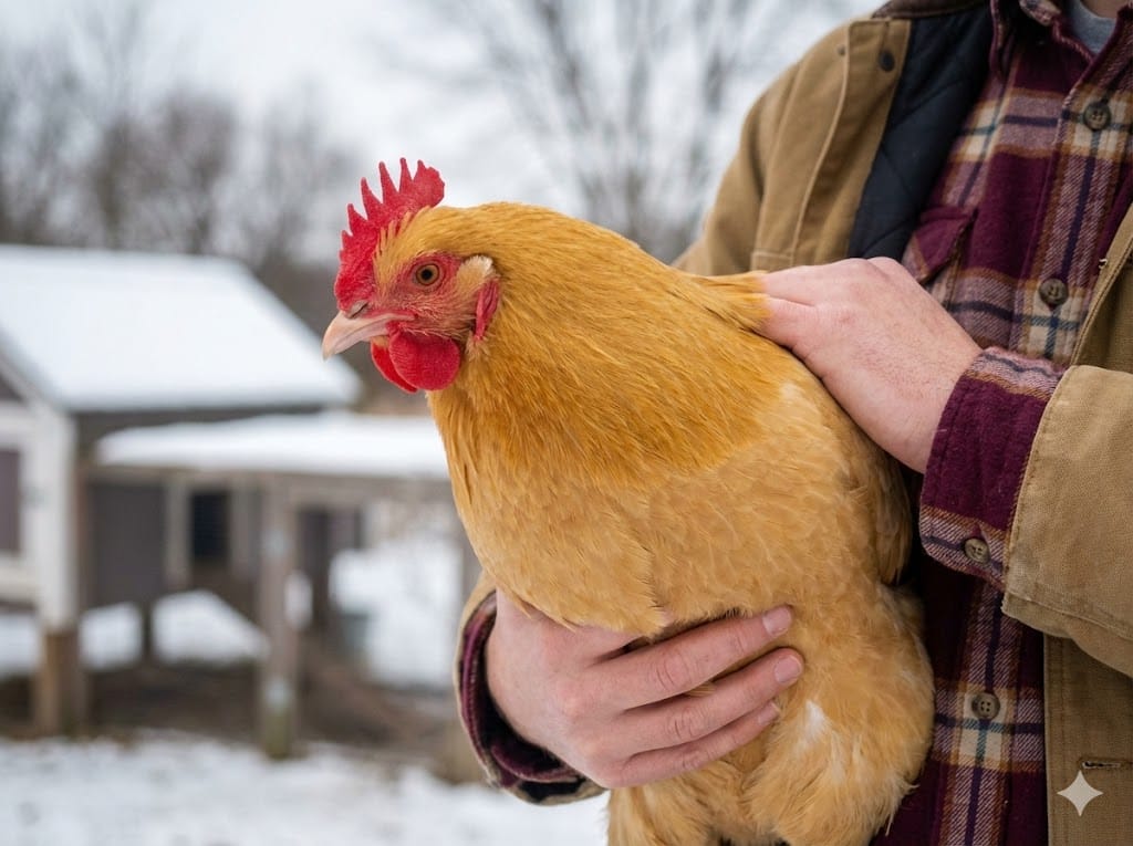 Hands gently holding chicken to examine body condition and feather quality during winter health assessment