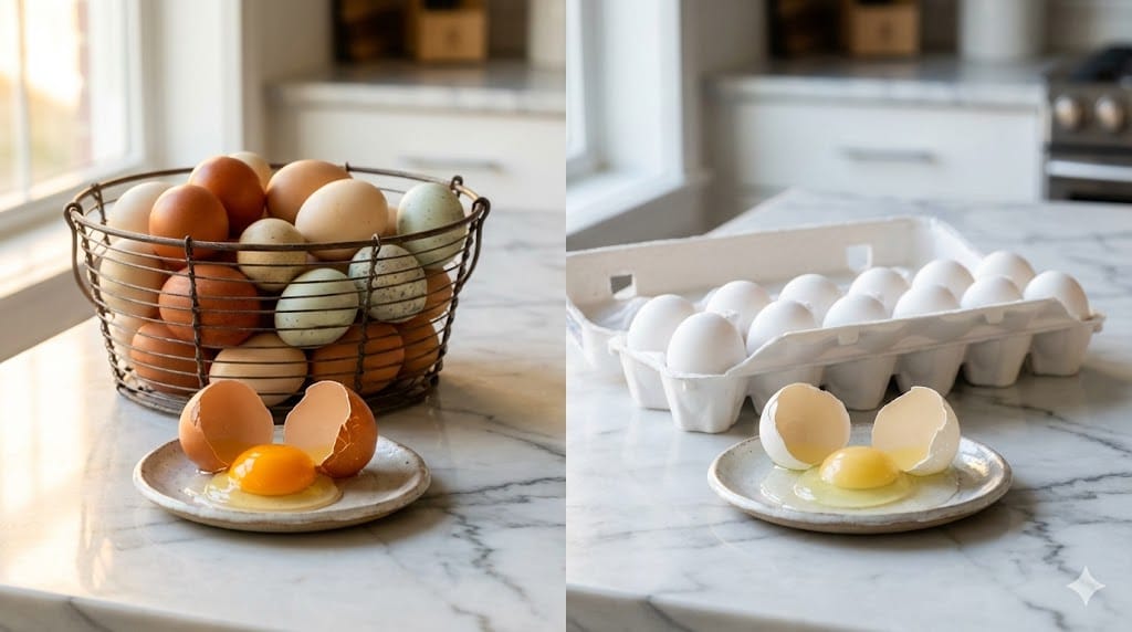  Fresh backyard eggs with orange yolks in a wire basket next to a grocery store egg carton showing price comparison