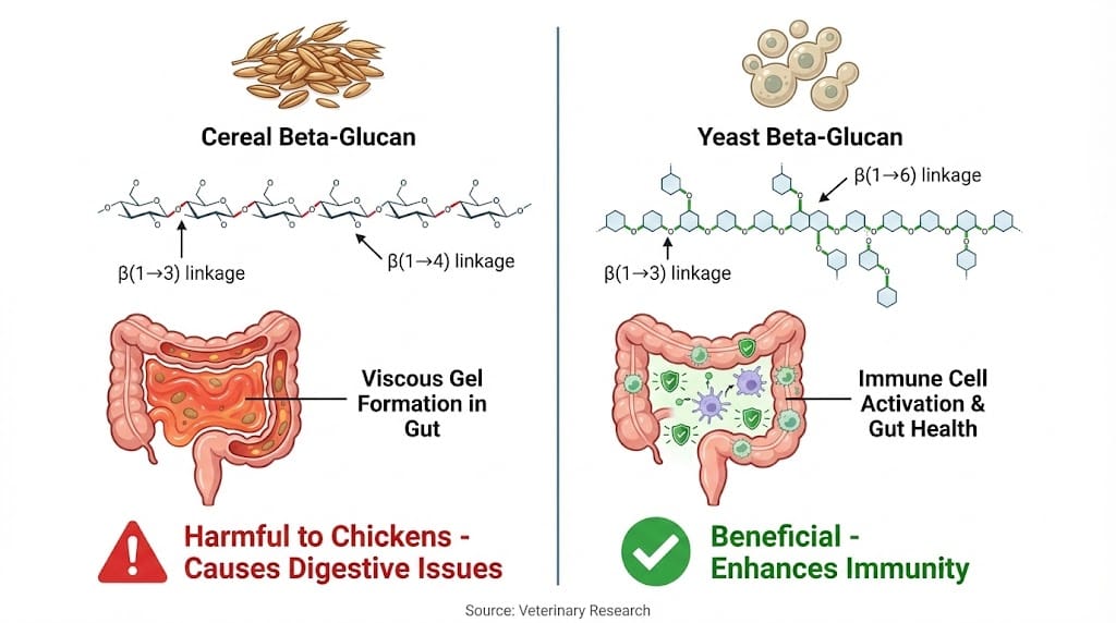 Scientific diagram comparing harmful cereal beta-glucans from oats versus beneficial yeast beta-glucans, showing molecular structures and effects on chicken digestion