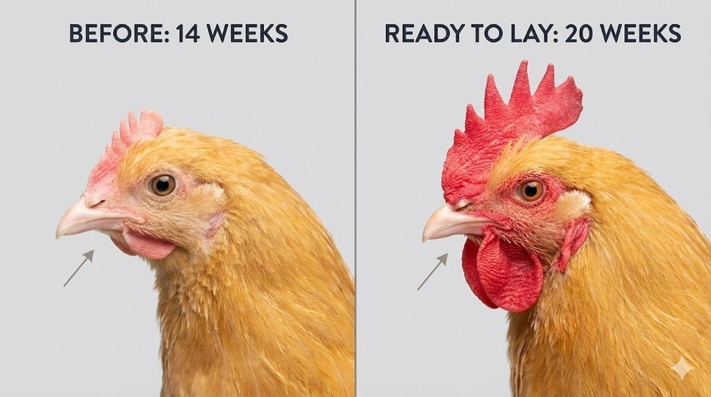 Side-by-side comparison showing pullet with pale pink comb versus mature hen with bright red comb ready to lay eggs
