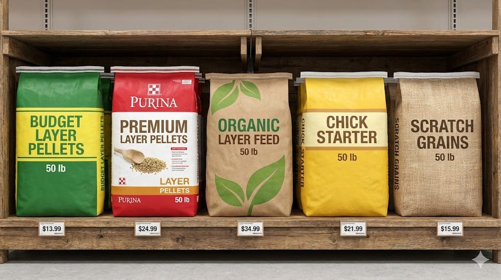 Various bags of chicken feed including layer pellets, organic feed, and scratch grains displayed on a wooden shelf
