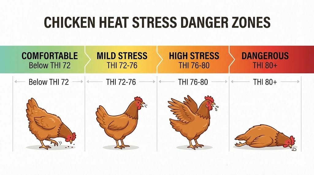 Infographic showing chicken heat stress levels from comfortable to dangerous with THI temperature ranges and warning signs