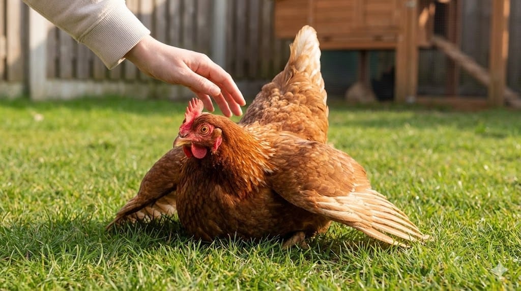Backyard chicken demonstrating submissive squat posture with wings slightly spread as owner reaches toward her