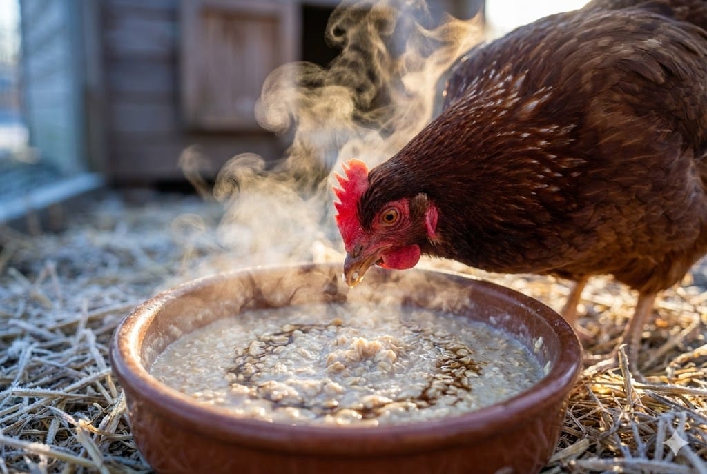 Rhode Island Red hen eagerly eating steaming oatmeal mash from bowl on frosty winter morning