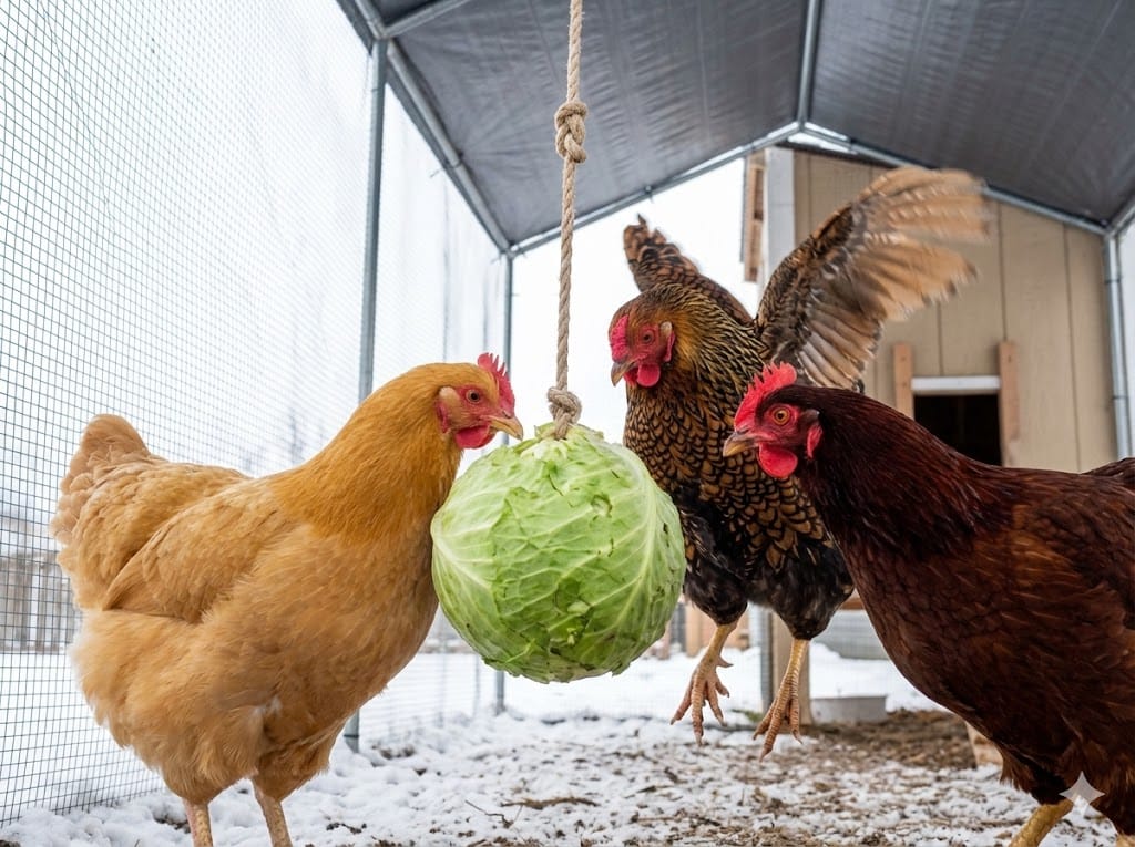 Multiple chickens pecking at suspended cabbage head in winter chicken run showing natural foraging behavior