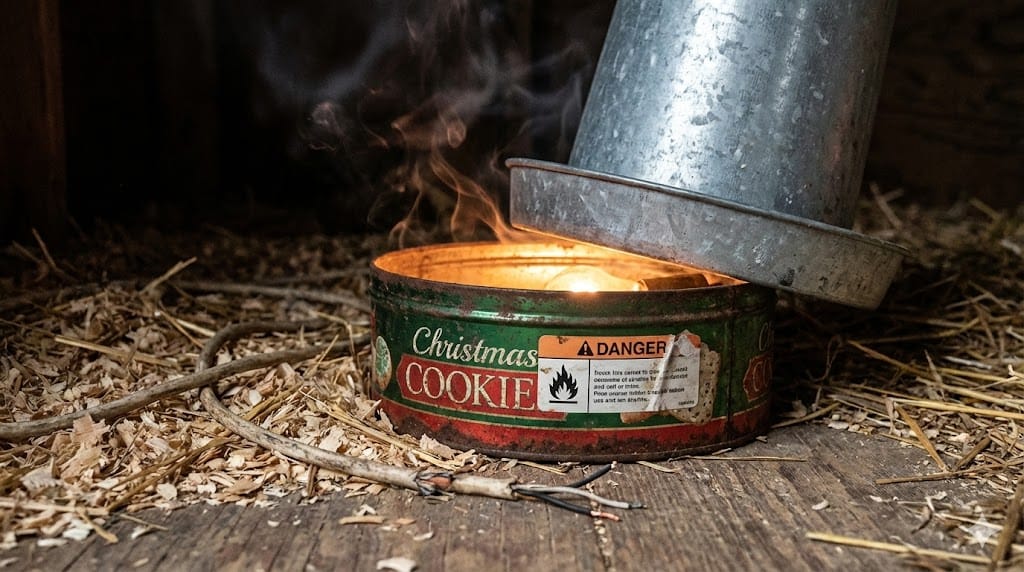 Dangerous DIY cookie tin chicken waterer heater showing exposed wiring near flammable straw bedding in chicken coop
