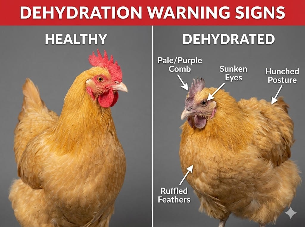 Side-by-side comparison of healthy chicken with bright red comb versus dehydrated chicken with pale purple comb
