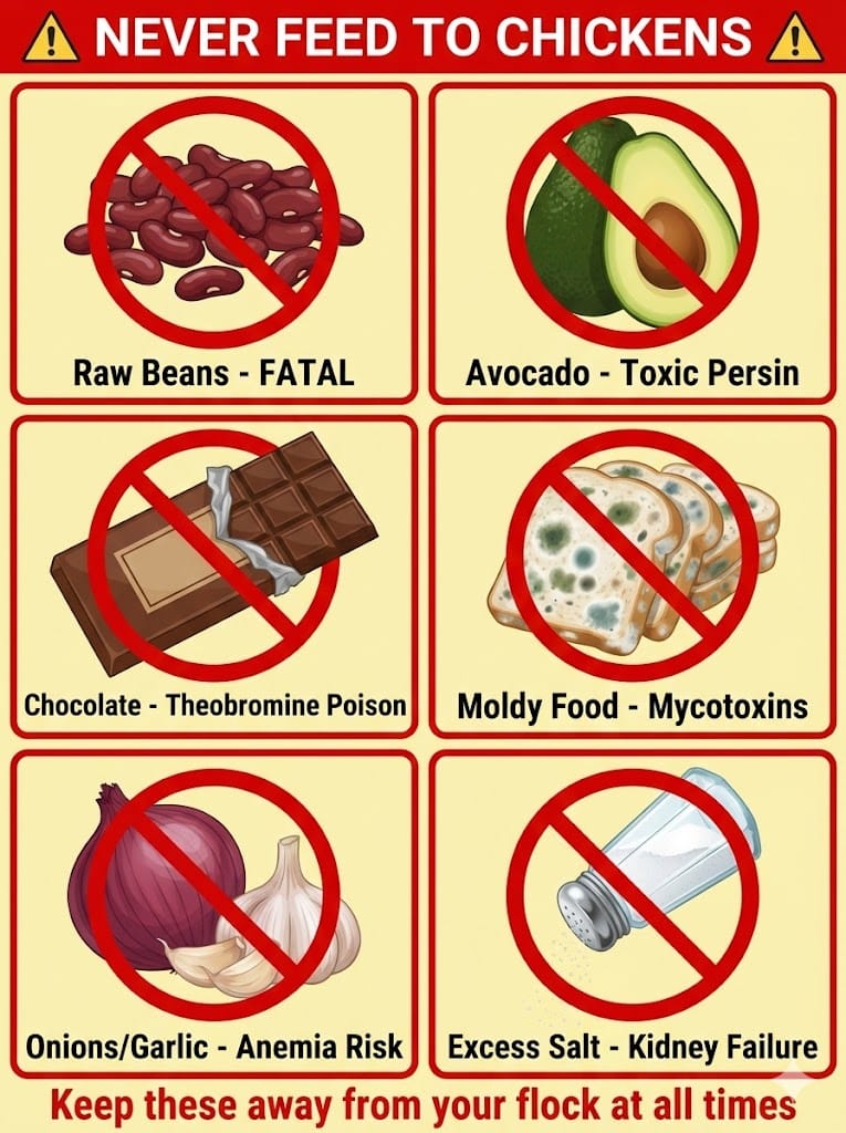 Educational illustration showing toxic foods for chickens including raw beans, avocado, chocolate, moldy bread, and salt, each marked with warning symbols