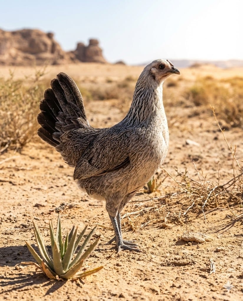 Egyptian Fayoumi chicken with distinctive upright tail and silver-penciled feathers standing in arid desert-like environment